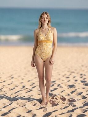 L.L. Bean Yellow Floral Halter One-Piece Swimsuit 10R
